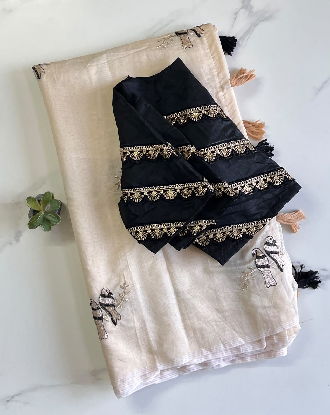 Chanderi saree white, golden & black thread embroidery