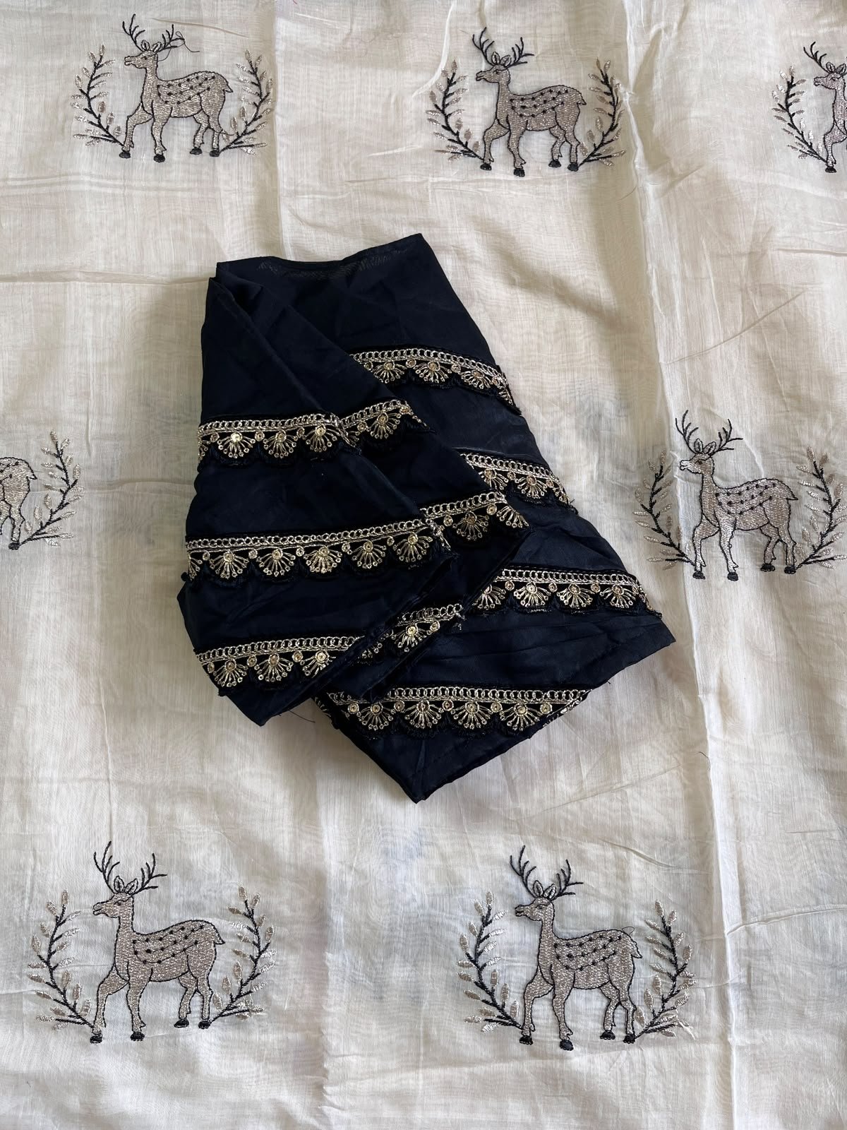 Chanderi saree white, golden & black thread embroidery