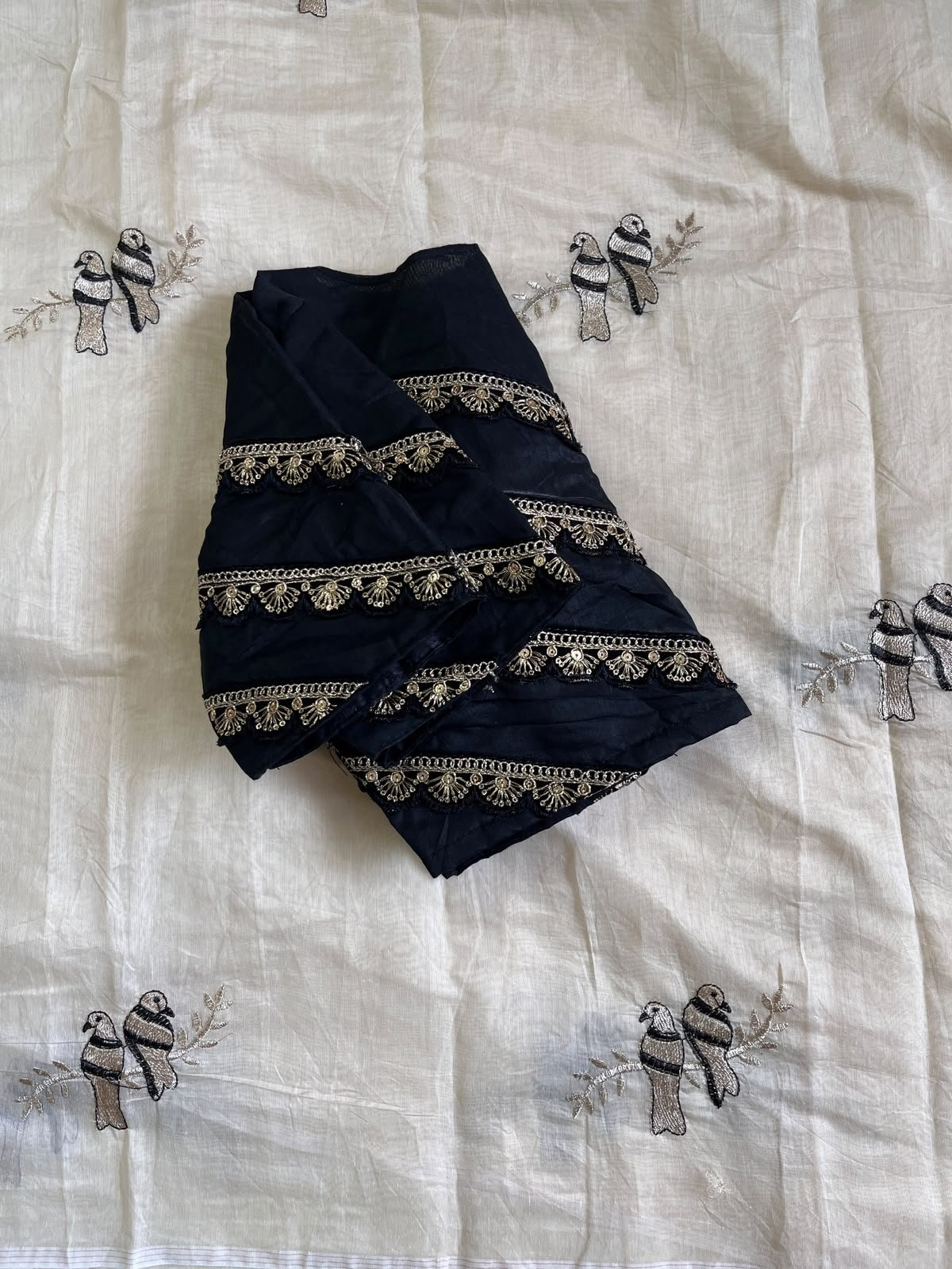Chanderi saree white, golden & black thread embroidery