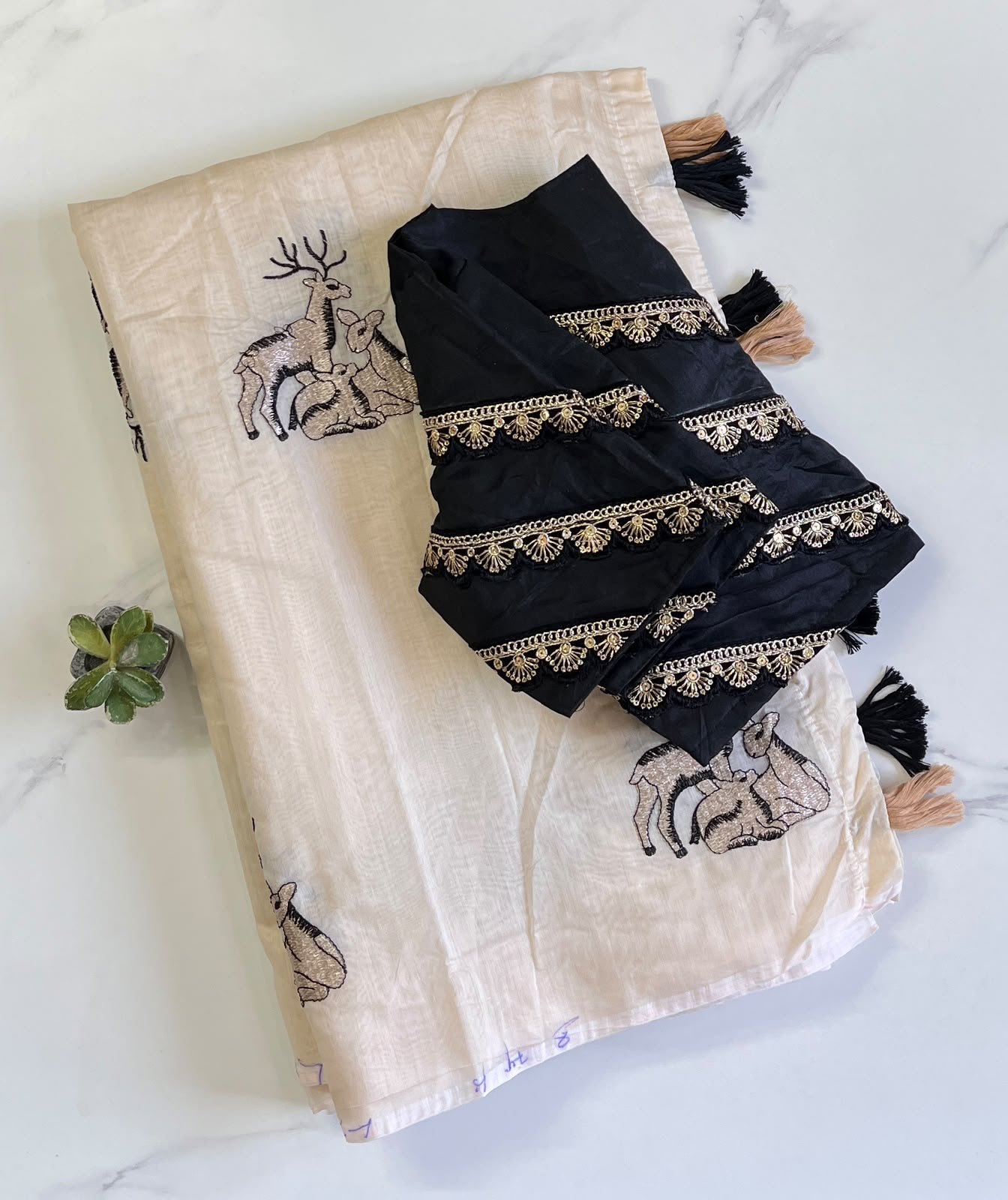 Chanderi saree white, golden & black thread embroidery