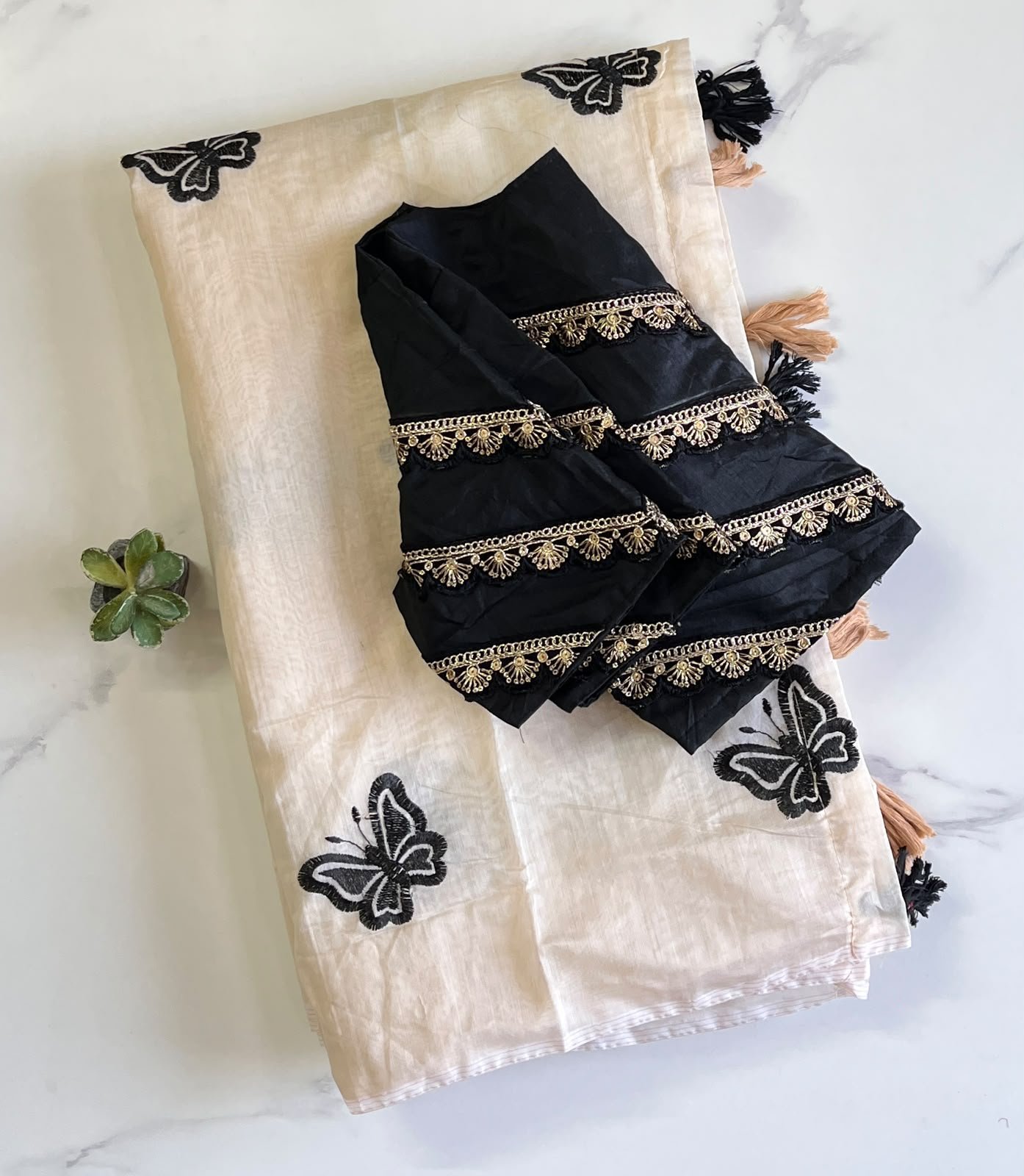 Chanderi saree white, golden & black thread embroidery