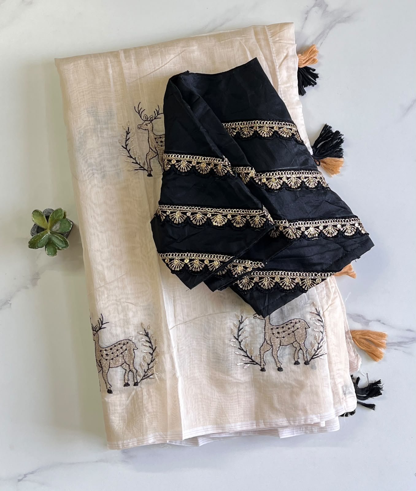 Chanderi saree white, golden & black thread embroidery