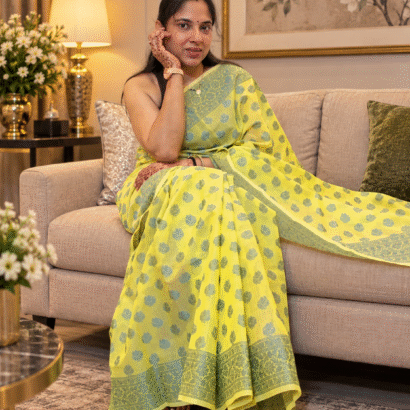 Pure Banarasi Cotton Saree in Lemon Yellow with Resham Jamdani weaving