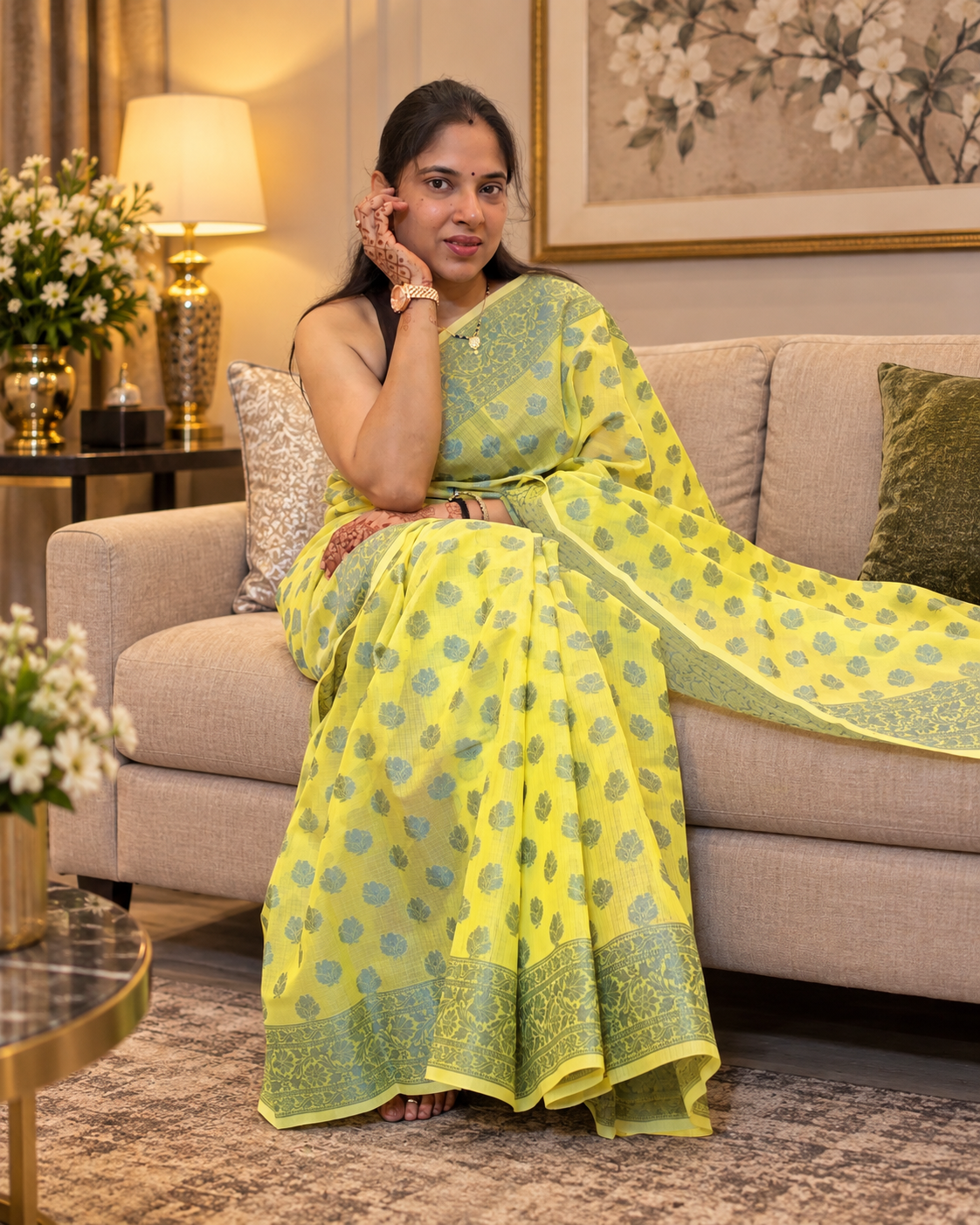 Pure Banarasi Cotton Saree in Lemon Yellow Pure Banarasi Cotton Saree in Lemon Yellow with Resham Jamdani weaving