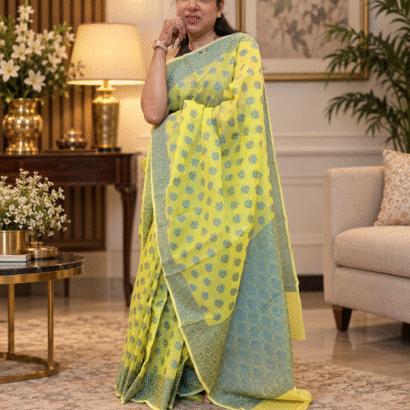 Pure Banarasi Cotton Saree in Lemon Yellow with Resham Jamdani weaving