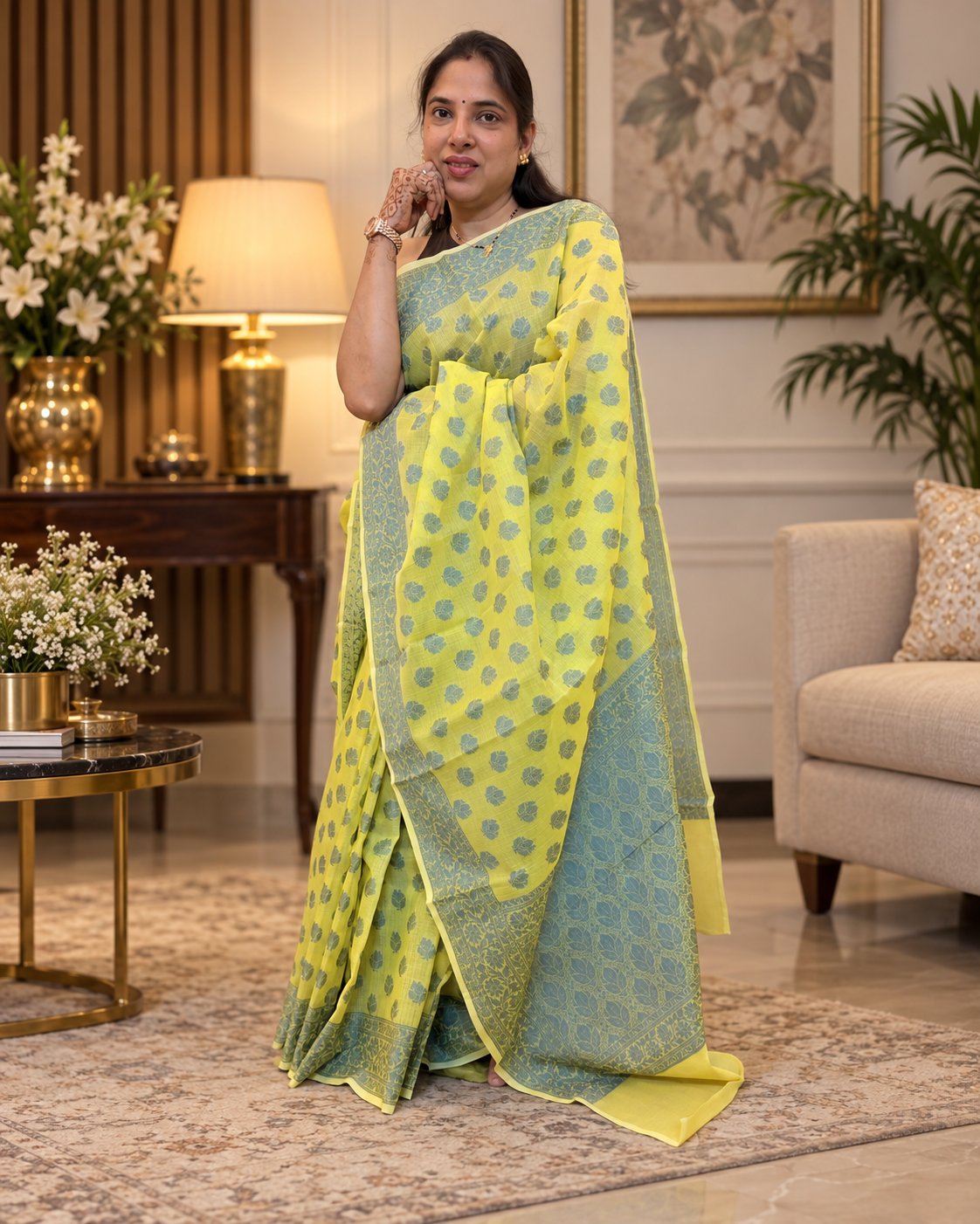 Pure Banarasi Cotton Saree in Lemon Yellow with Resham Jamdani weaving