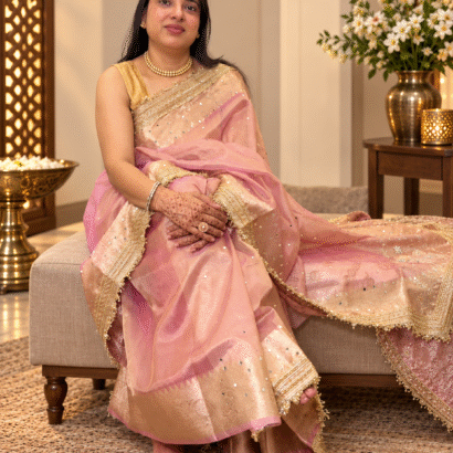 dusty rose Banarasi silk saree with mirror work and kiran fringe border