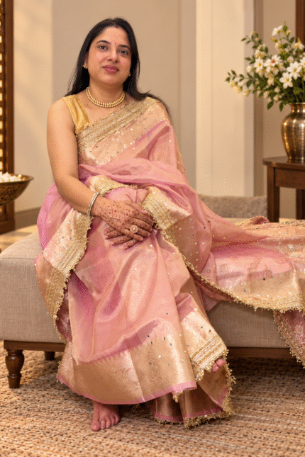 dusty rose Banarasi silk saree with mirror work and kiran fringe border