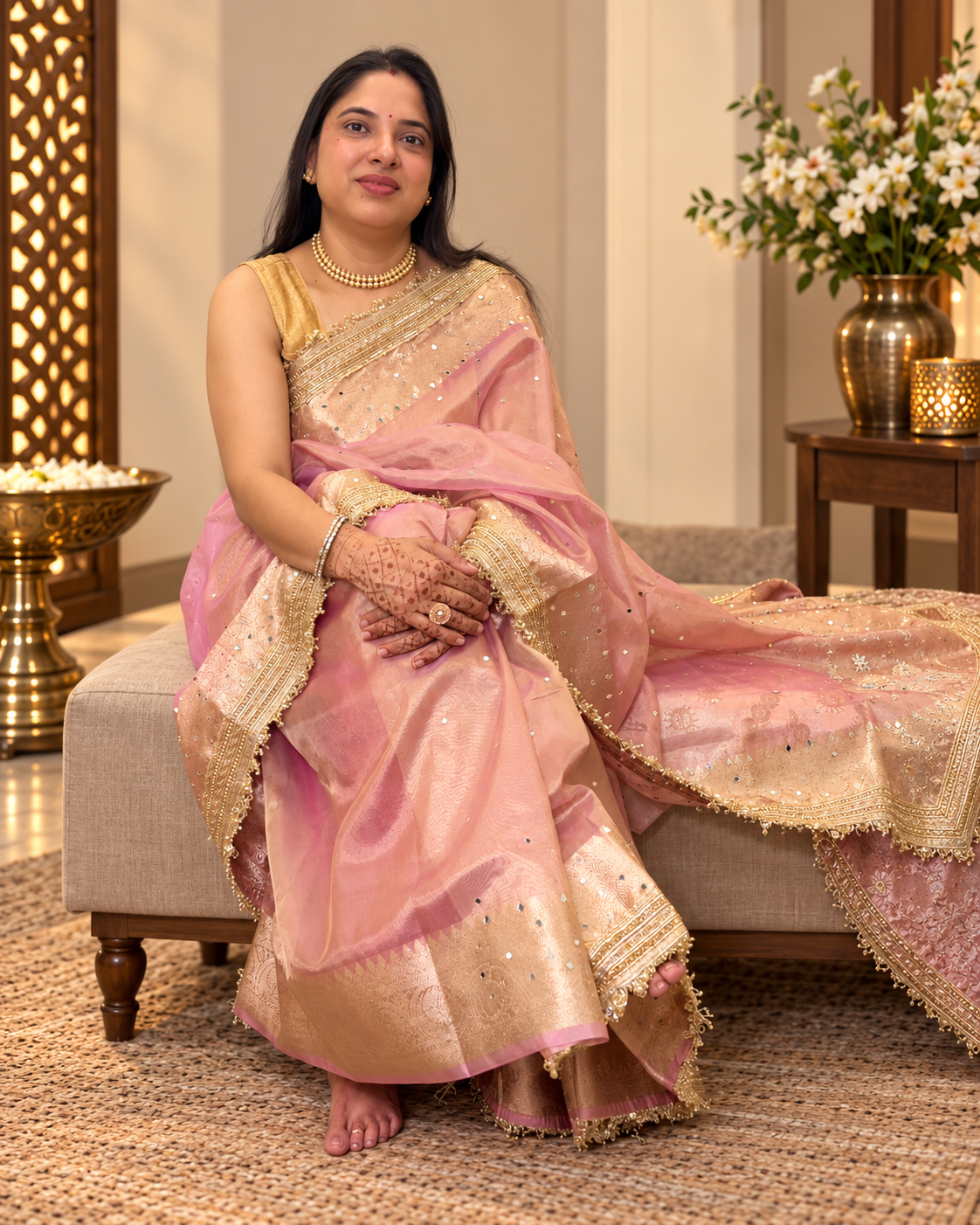 dusty rose Banarasi silk saree dusty rose Banarasi silk saree with mirror work and kiran fringe border