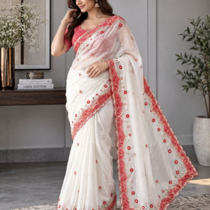 Durga Puja Special Saree in NC Moss fabric with appliqué and sequin work