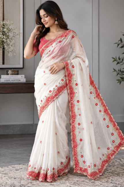 Durga Puja Special Saree in NC Moss fabric with appliqué and sequin work
