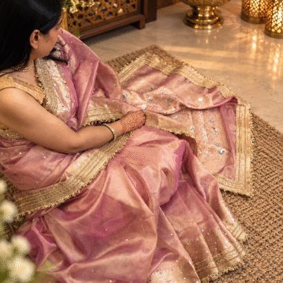 dusty rose Banarasi silk saree with mirror work and kiran fringe border