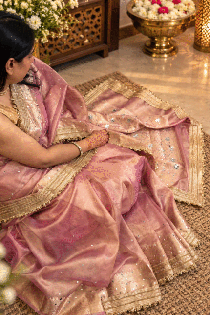 dusty rose Banarasi silk saree with mirror work and kiran fringe border
