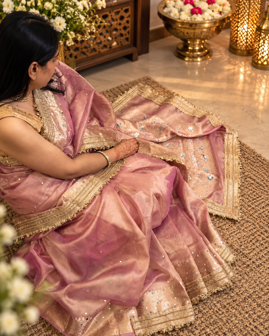 dusty rose Banarasi silk saree with mirror work and kiran fringe border