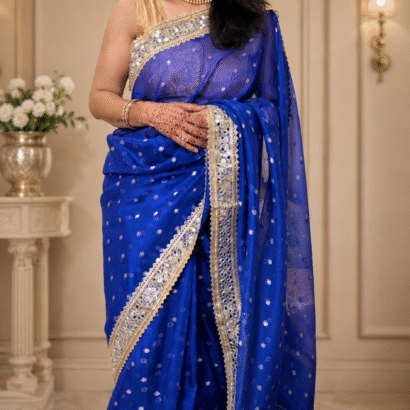 Royal blue Pure Banarasi silk saree featuring gold zari floral booti weaving and Sabyasachi-style mirror work lace border