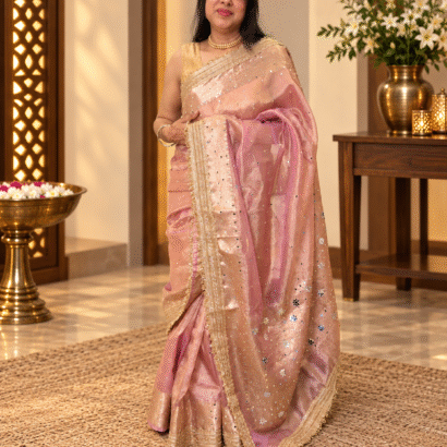 dusty rose Banarasi silk saree with mirror work and kiran fringe border