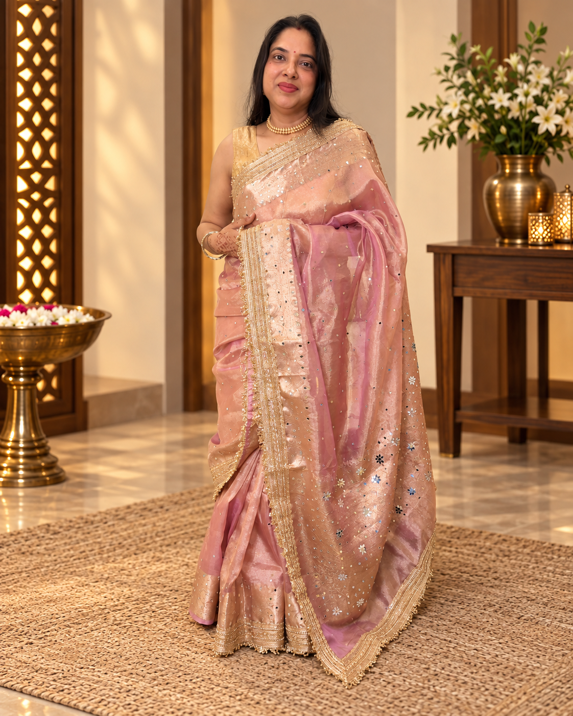 dusty rose Banarasi silk saree with mirror work and kiran fringe border