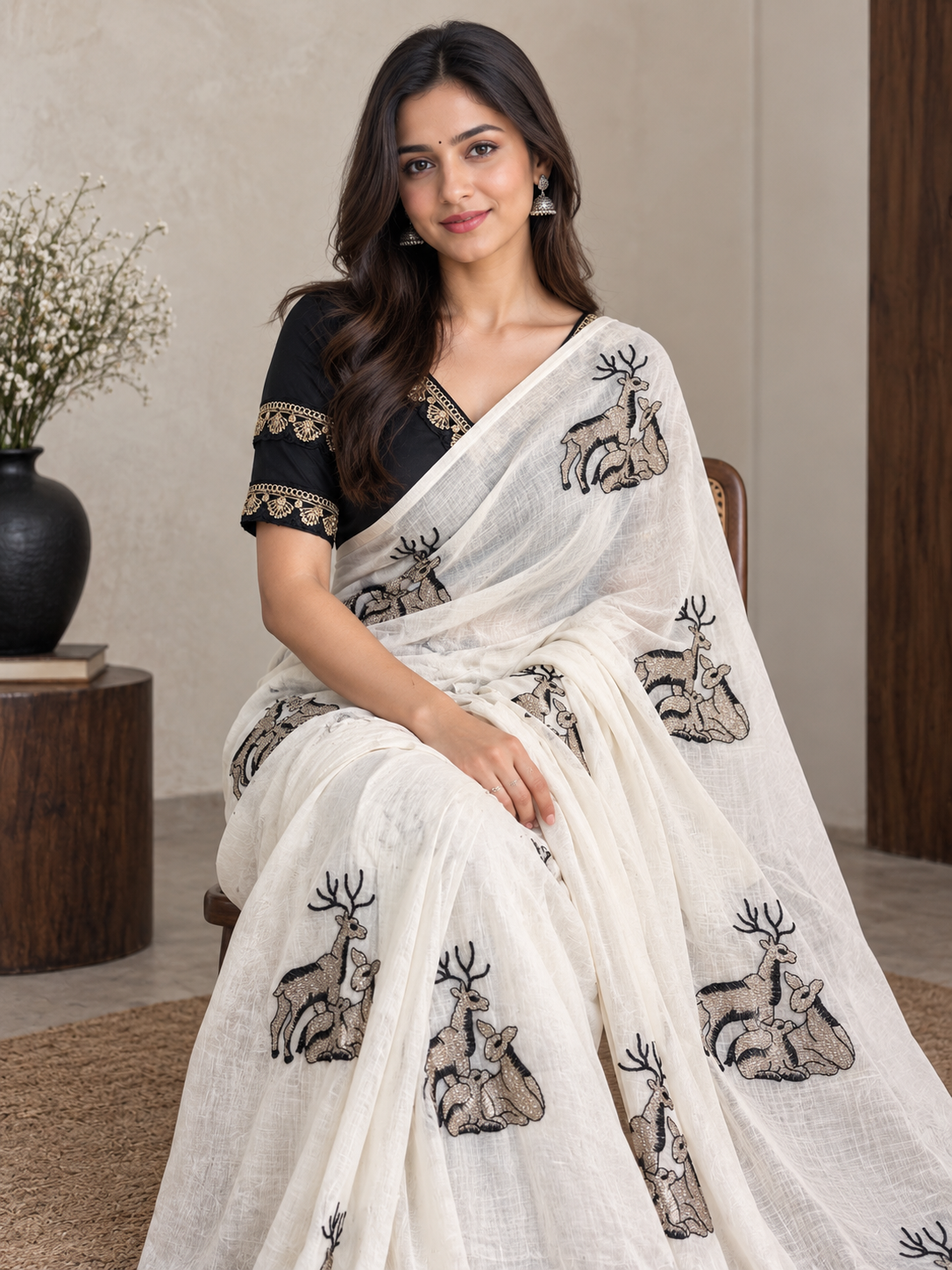 Chanderi saree white, golden & black thread embroidery