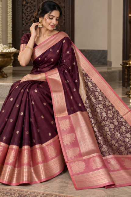 Wine Maroon Banarasi Silk Saree
